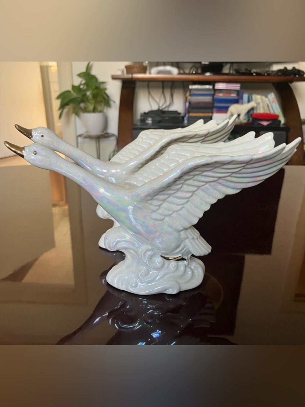 Iridescent White Ceramic Swan Figurine - Elegant Home Art